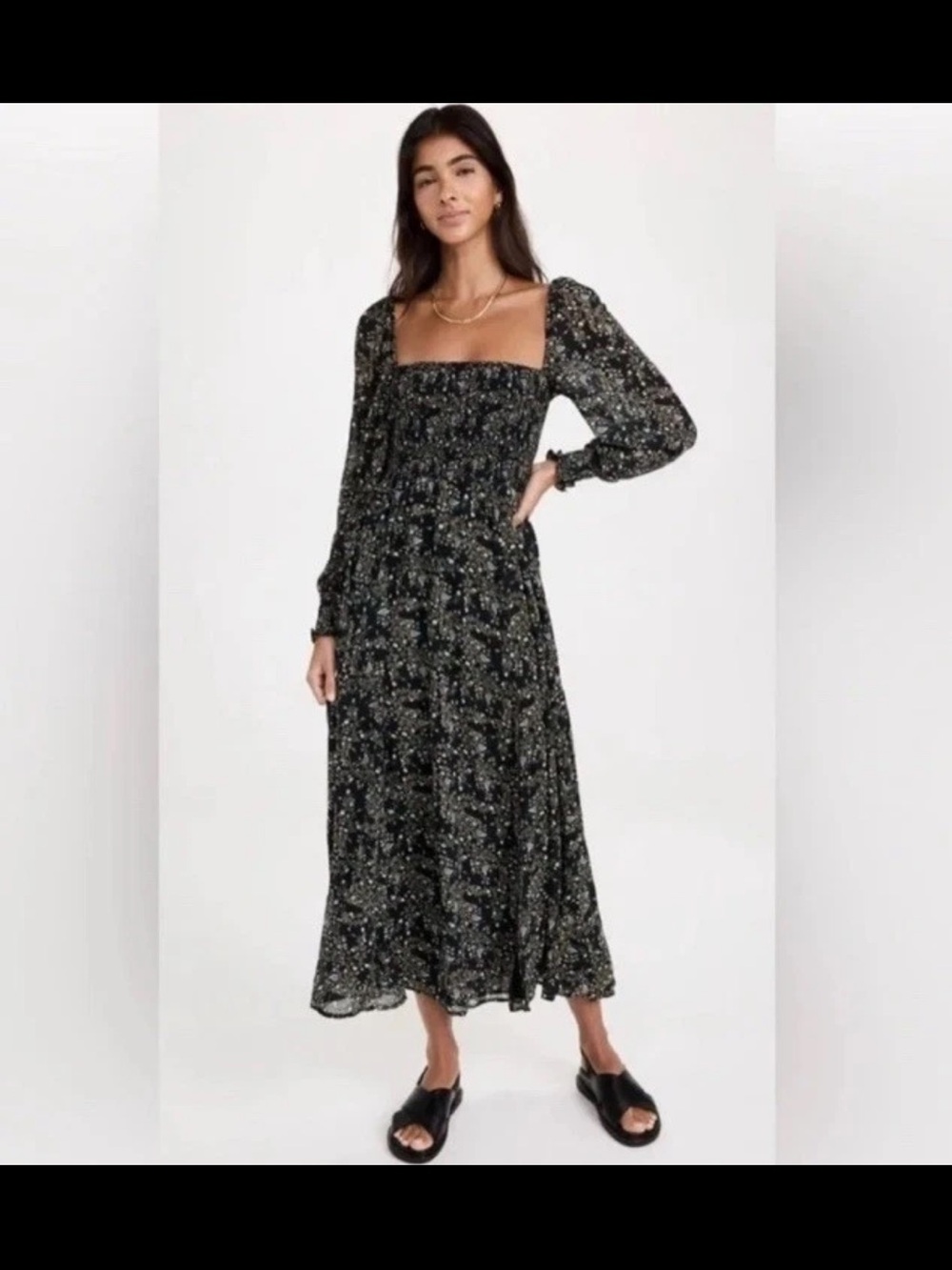 O.P.T Classic Smocked Dress Size L Side Slit Dress Black Green
